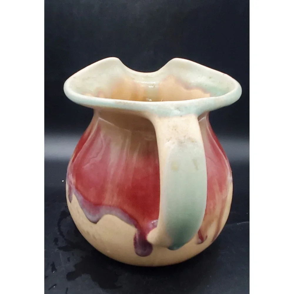 Handmade D. Lessar Studio Art Pottery‎ Red Tulip Pitcher Handmade Drip Glaze 7